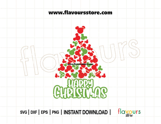 Mickey Mouse ears stacked into a festive Christmas tree with Happy Christmas text, perfect for Cricut holiday crafts.