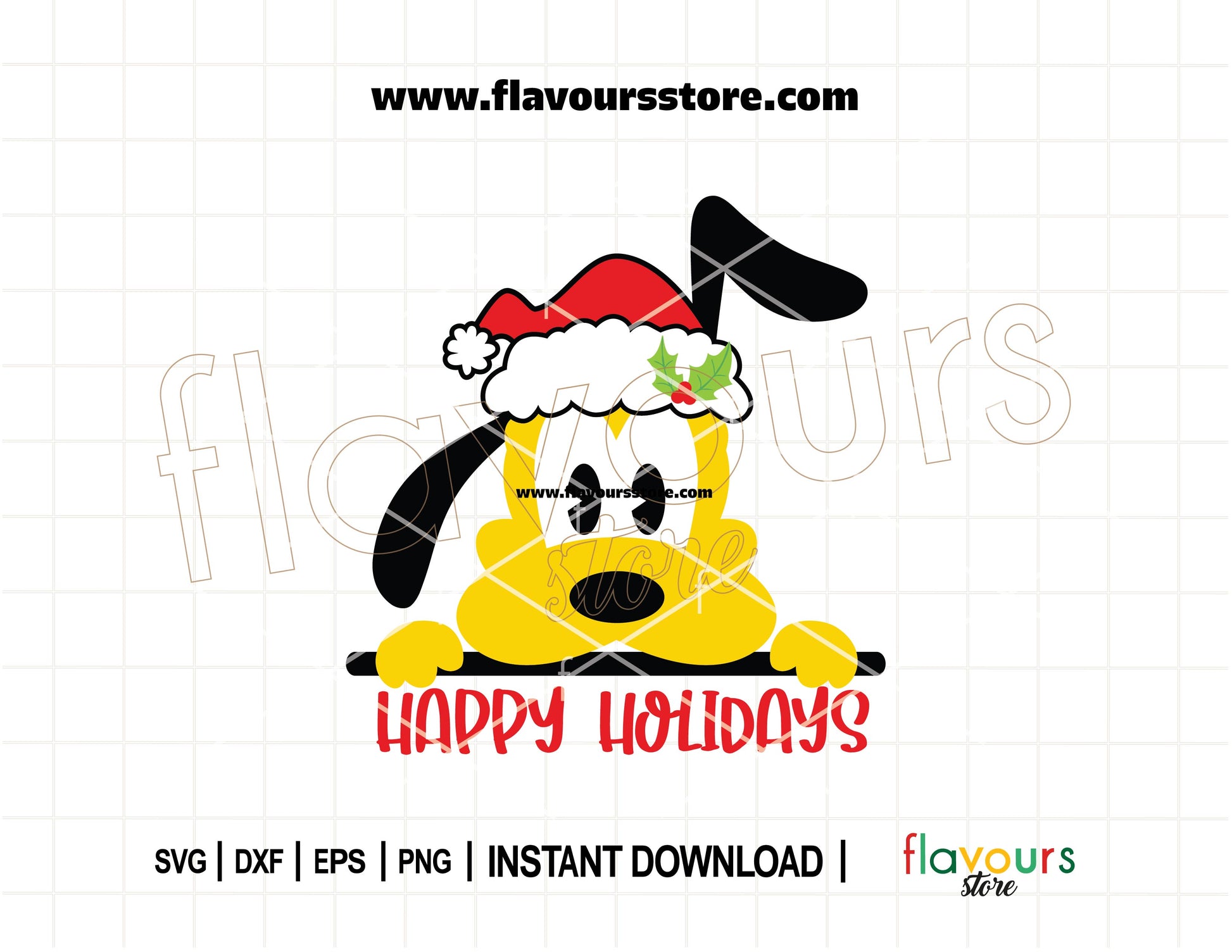 Happy Holidays Pluto SVG cut file featuring Disney’s Pluto in festive Christmas attire, perfect for holiday crafts with Cricut and Silhouette.