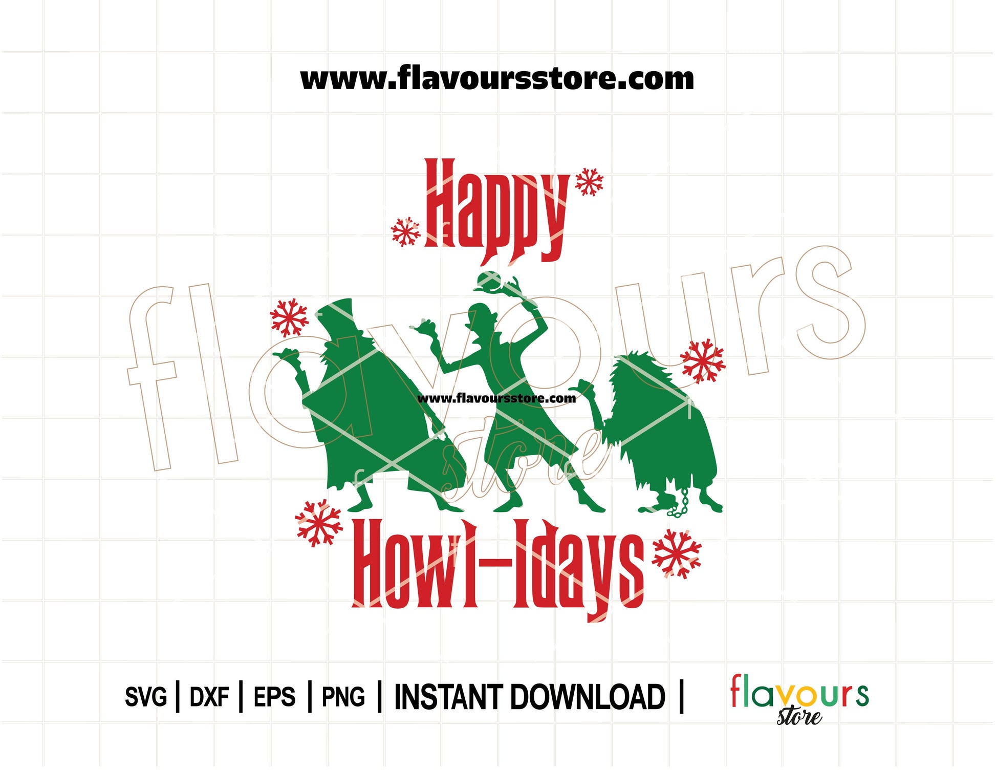 Happy Howl-idays Hitchhiking Ghosts SVG cut file featuring Haunted Mansion ghosts in festive holiday attire, perfect for Cricut and Silhouette Christmas crafts.