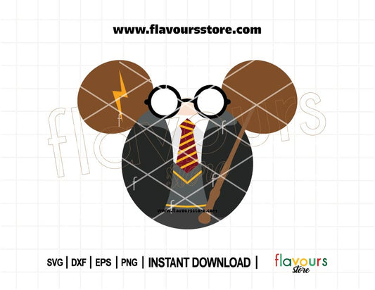 Harry Potter mouse ears SVG design with wizarding elements, perfect for Cricut crafts, travel shirts, and DIY magical gifts.