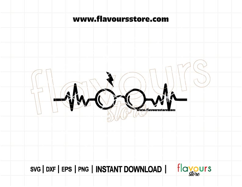 Harry Potter Heartbeat SVG featuring a heartbeat line with lightning bolt, glasses, and magical elements for Cricut crafts.
