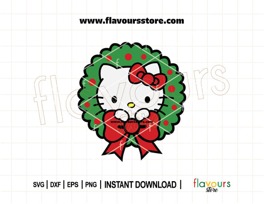 Hello Kitty Christmas wreath SVG design, festive holiday cut file for Cricut and Silhouette, perfect for shirts, mugs, cards, and holiday decor.
