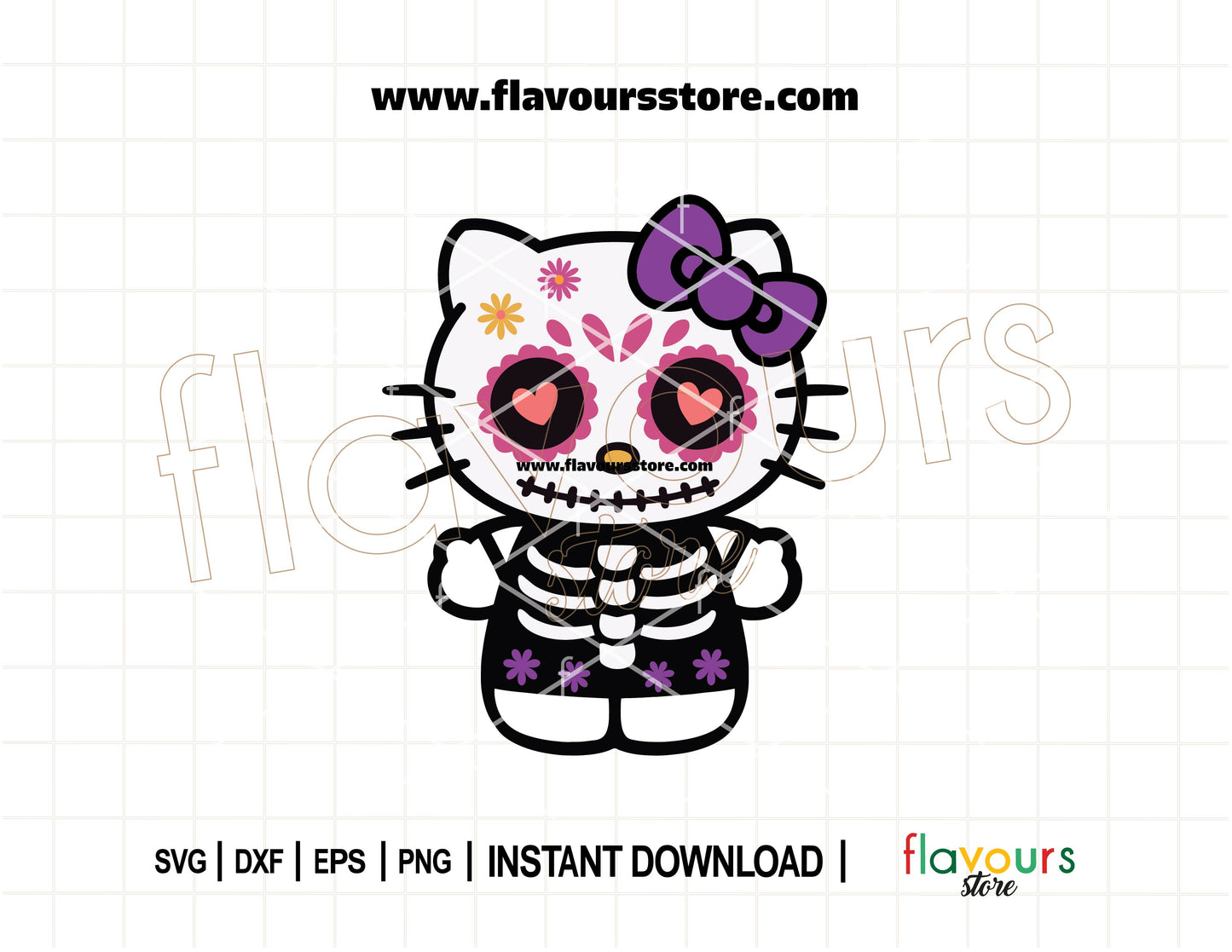 Day of the Dead Hello Kitty SVG – Kawaii skeleton cat Dia de los Muertos cut file for Cricut and Silhouette crafts