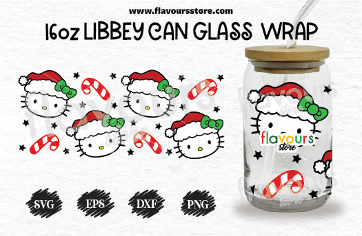Hello Kitty Santa Candy Cane Svg, 16oz Libbey Can Cup Wrap, Libbey Wrap Svg