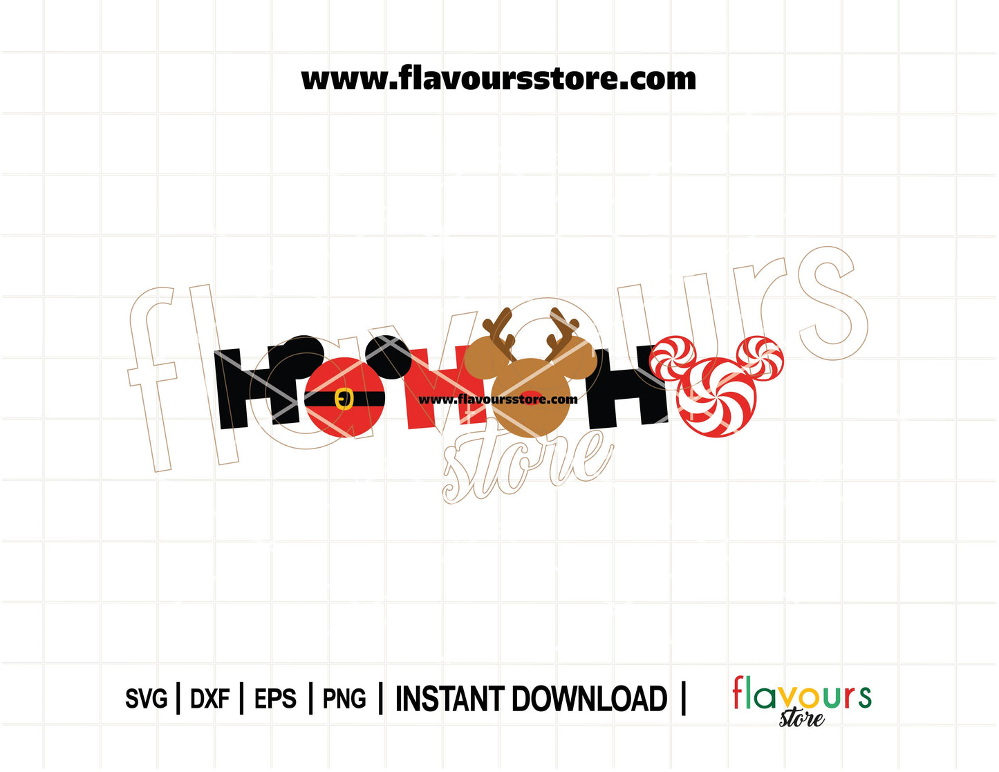 Ho Ho Ho SVG featuring Mickey ears styled as Santa, reindeer, and peppermint candy for Cricut and Silhouette holiday crafts.