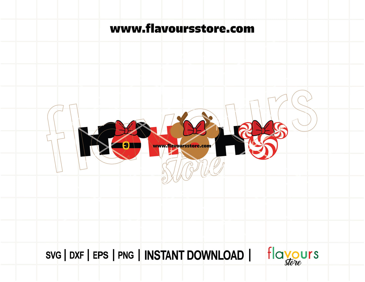Ho Ho Ho SVG with Minnie ears styled as Santa, reindeer, and peppermint bow for Christmas Cricut crafts and DIY gifts.