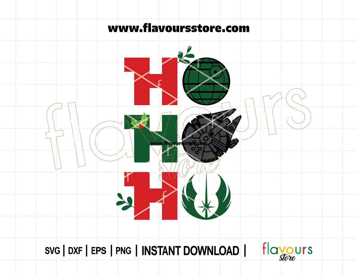 "Ho Ho Ho Star Wars-themed Christmas SVG cut file with holiday elements for Cricut and Silhouette DIY projects."
