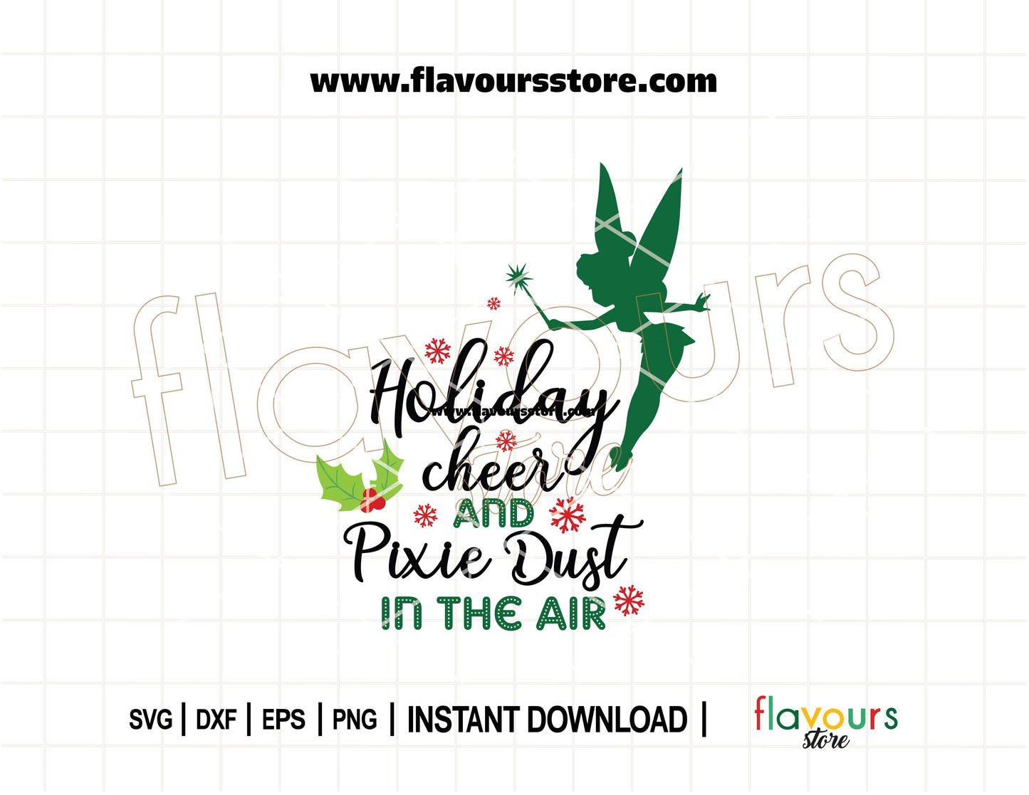 Tinkerbell Christmas SVG with Holiday Cheer and Pixie Dust phrase, perfect for Cricut and Silhouette Disney holiday crafts.