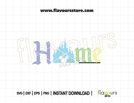 SVG design with the word “Home” featuring a Disney castle silhouette, ideal for Cricut and Silhouette crafting.
