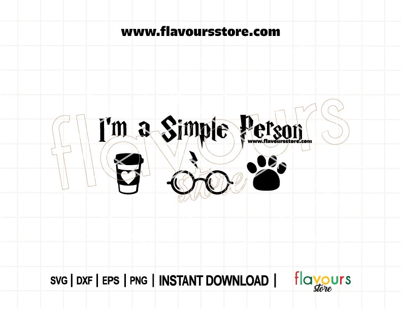 “I'm a Simple Person” SVG featuring paw prints, coffee cup, and wizard-themed elements for Cricut and Silhouette projects.