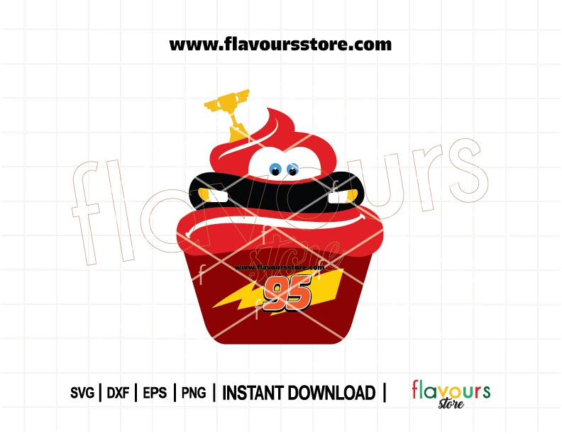 Lightning McQueen Cupcake SVG – Disney Cars birthday cut file for Cricut and Silhouette projects, includes PNG, EPS, DXF, JPG