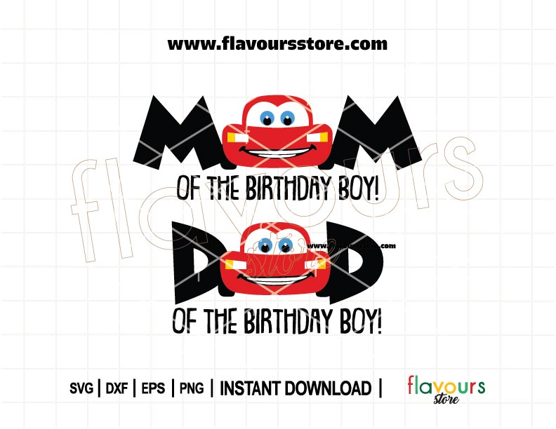 Mom and Dad of the Birthday Boy Lightning McQueen Cars SVG file for matching family birthday shirts, instant download digital design