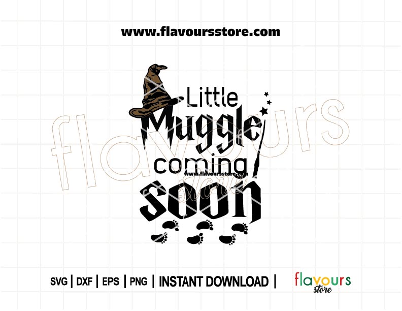 "Little Muggle Coming Soon" SVG cut file for pregnancy announcement featuring a magic wand, ideal for Harry Potter fans and Cricut crafts.