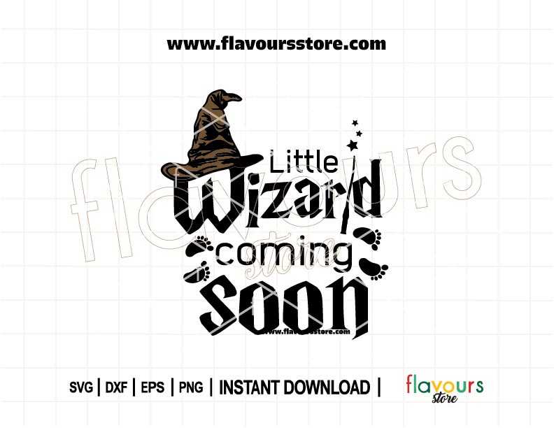 "Little Wizard Coming Soon" SVG cut file for pregnancy announcement with magical wizard theme, perfect for baby onesies, t-shirts, and baby shower crafts.