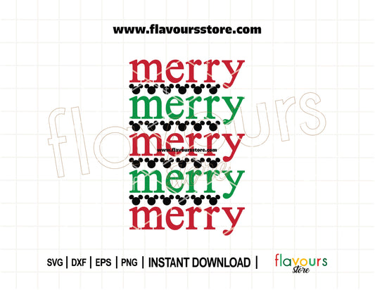 Merry Merry Merry Christmas SVG with mouse ears – Disney-inspired holiday cut file for Cricut and Silhouette shirts, mugs, and crafts.