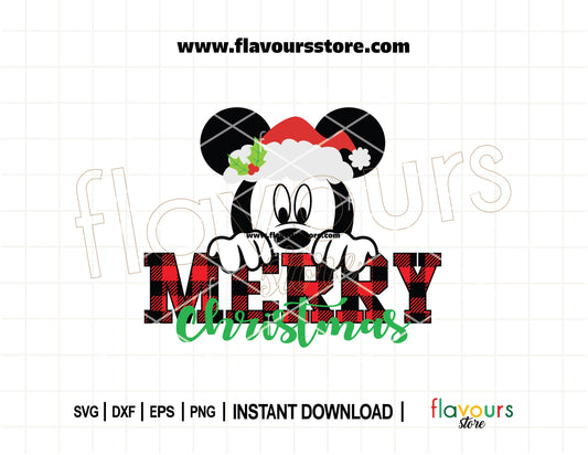 Buffalo plaid Mickey Mouse silhouette with Merry Christmas text — rustic Disney-style SVG cut file for Cricut holiday crafts.