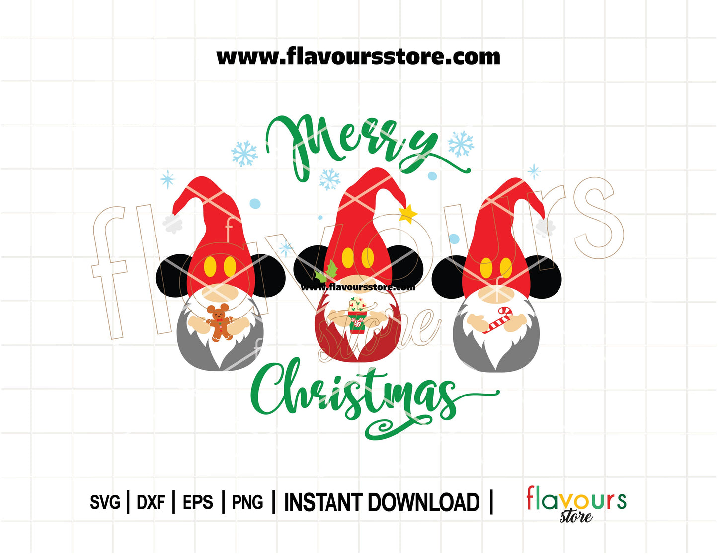 Three Mickey-inspired Christmas gnome SVG characters in festive red and green outfits — digital cut file for Cricut and Silhouette holiday crafts.