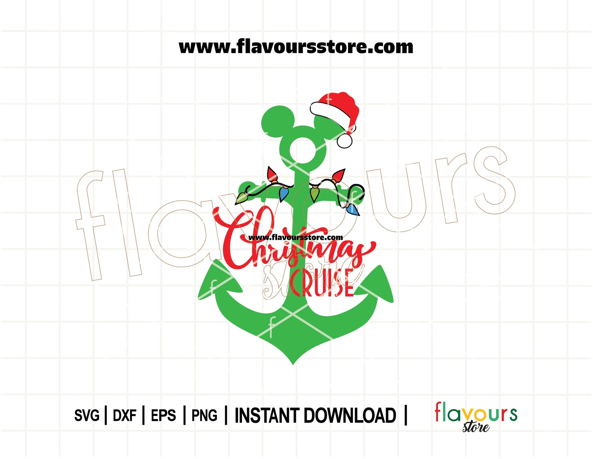 Mickey ears anchor wrapped in colorful Christmas lights, designed as a festive SVG cut file for Disney cruise holiday crafts with Cricut or Silhouette.