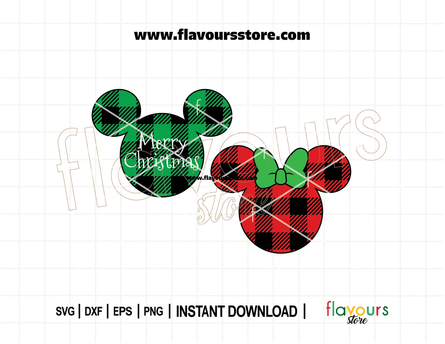 Mickey and Minnie Mouse ears in red and black buffalo plaid style, holiday-themed SVG cut file for Christmas crafts with Cricut or Silhouette.