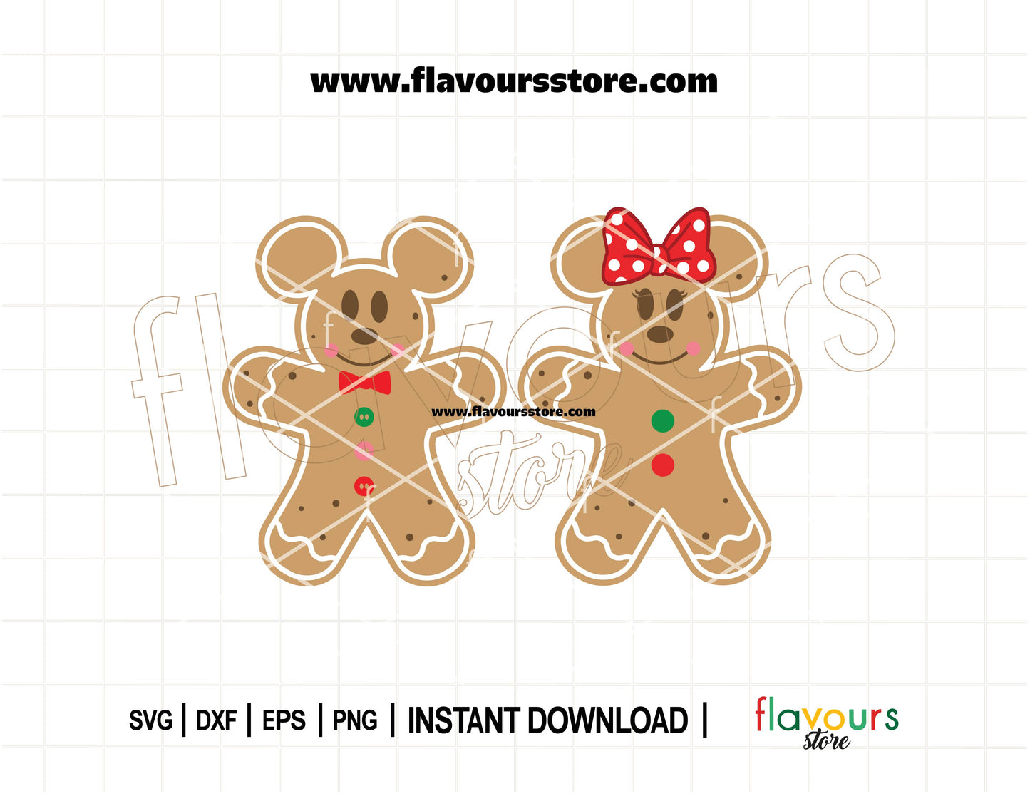 Mickey and Minnie Mouse shaped like decorated gingerbread cookies wearing Christmas accessories, SVG cut file for Cricut baking crafts.
