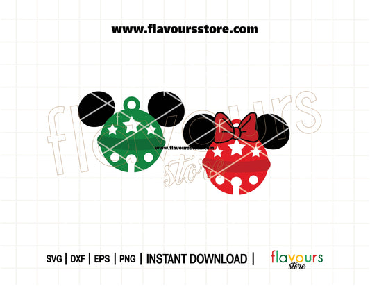 Mickey and Minnie mouse ears decorated with red jingle bells SVG cut file for Cricut and Silhouette Christmas crafts.