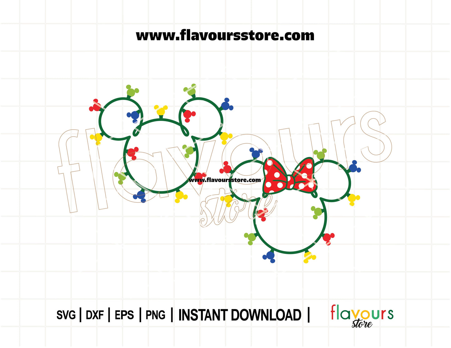 Mickey and Minnie ear silhouettes wrapped in glowing Christmas lights, SVG cut file for Cricut holiday shirt and decoration projects.