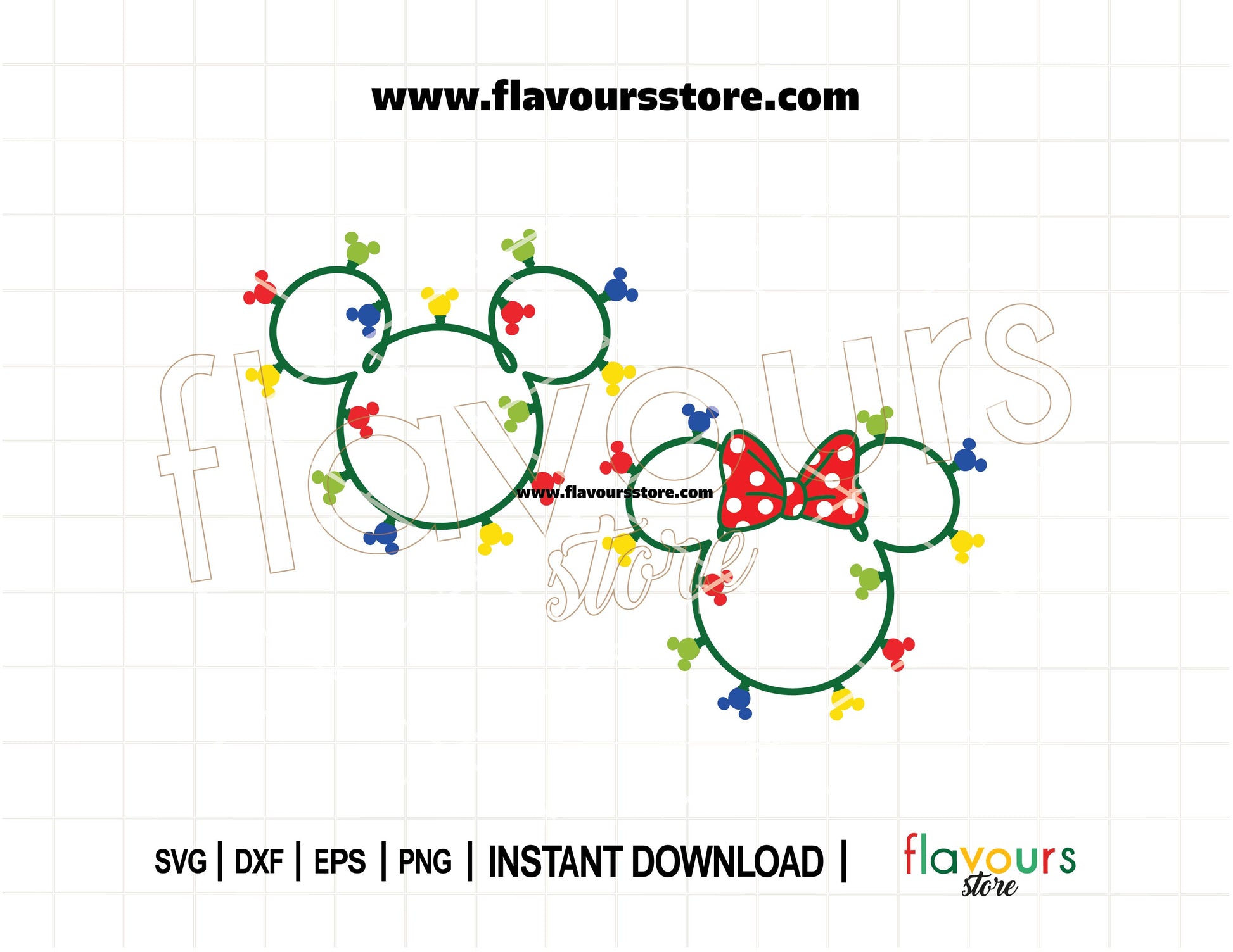 Mickey and Minnie ear silhouettes wrapped in glowing Christmas lights, SVG cut file for Cricut holiday shirt and decoration projects.