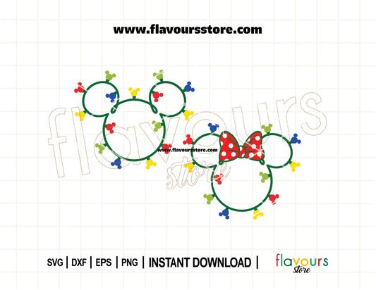 Mickey and Minnie ear silhouettes wrapped in glowing Christmas lights, SVG cut file for Cricut holiday shirt and decoration projects.