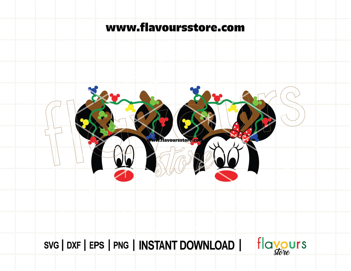 Mickey and Minnie dressed as reindeer tangled in Christmas lights SVG cut file for Cricut and Silhouette holiday projects.