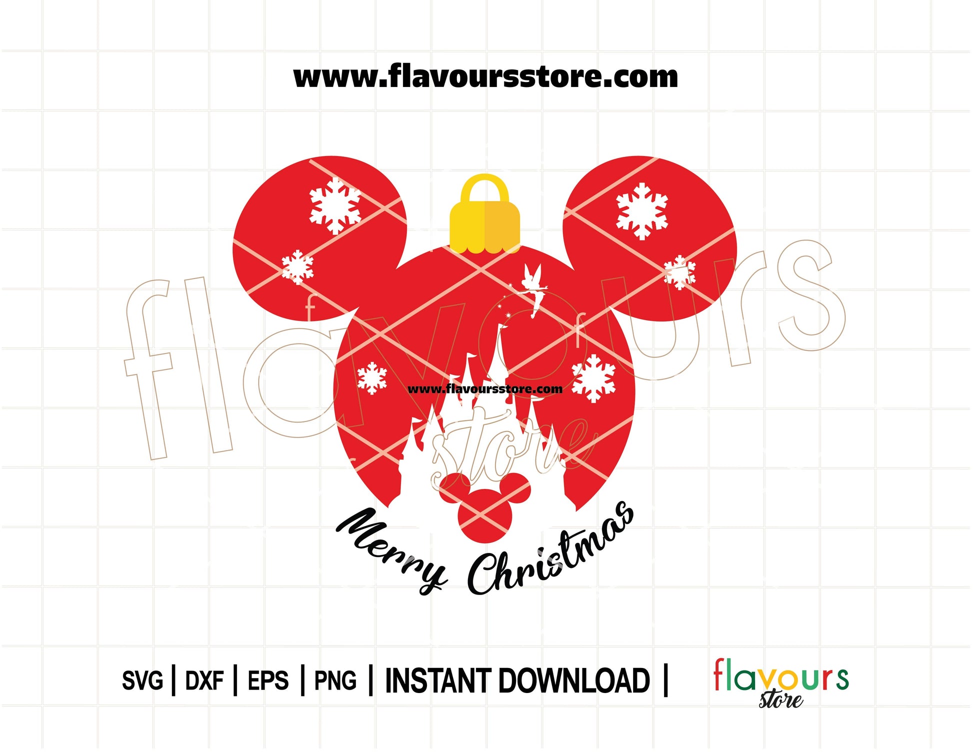 Mickey ears shaped Christmas ornament with castle silhouette and festive holiday details in SVG format for Cricut and Silhouette projects.