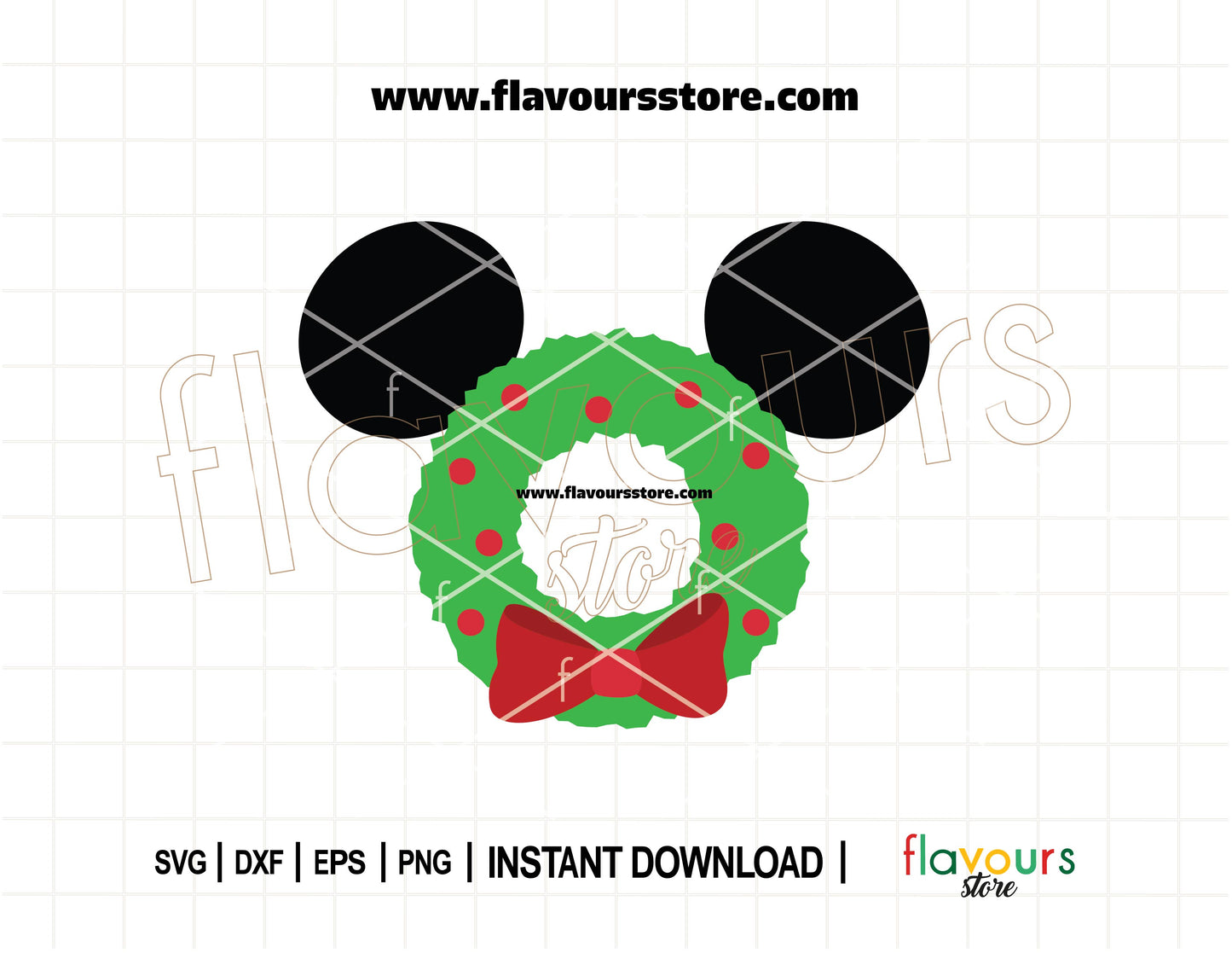 Festive Mickey Mouse Christmas wreath SVG with ears, bow, and ornaments, ideal for holiday Cricut and Silhouette crafts.
