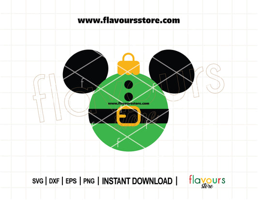 Mickey Mouse-shaped Christmas ornament in elf costume, festive SVG cut file for Cricut and holiday crafting.