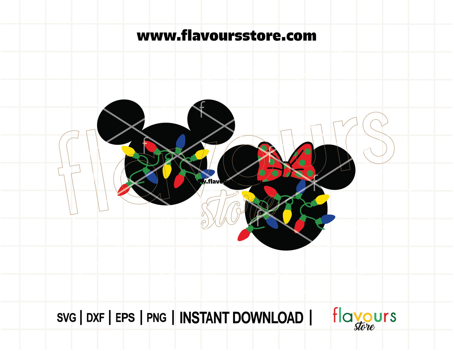 Mickey and Minnie ears wrapped in colorful Christmas lights SVG cut file for Cricut and Silhouette holiday projects.