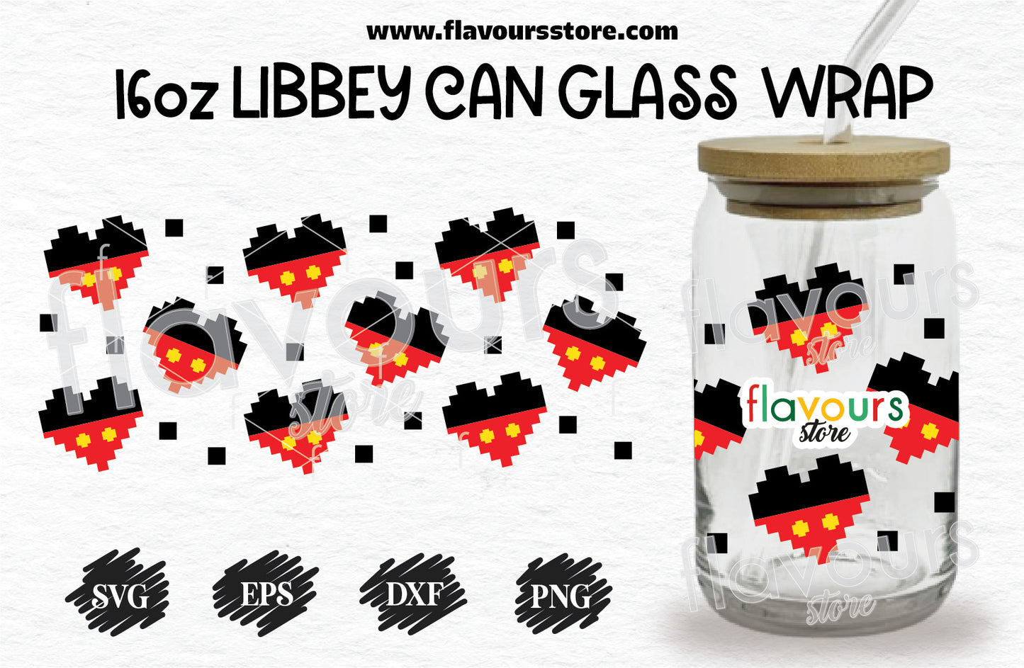 Mickey Retro Pixeled Heart Svg, 16oz Libbey Can Cup Wrap, Libbey Wrap Svg