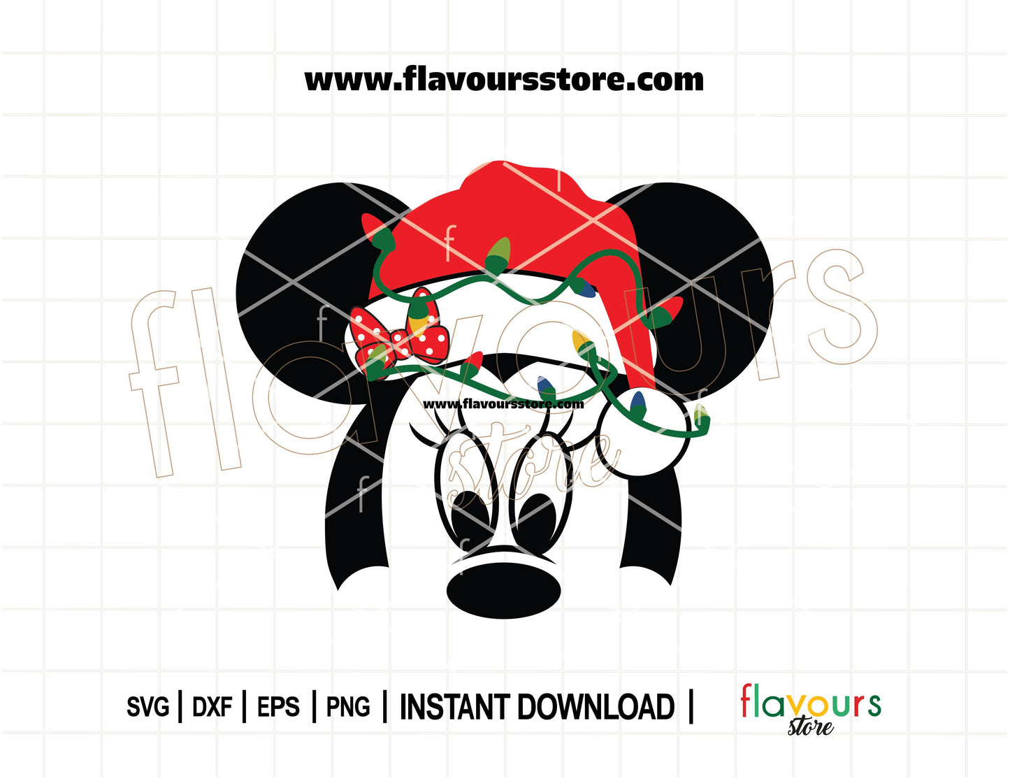 Minnie Mouse Christmas SVG with Santa hat and holiday lights wrapped around her bow, for Cricut and Silhouette projects