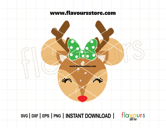 Minnie Mouse reindeer face with festive red bow and ears – Christmas SVG for Cricut and Silhouette holiday crafts