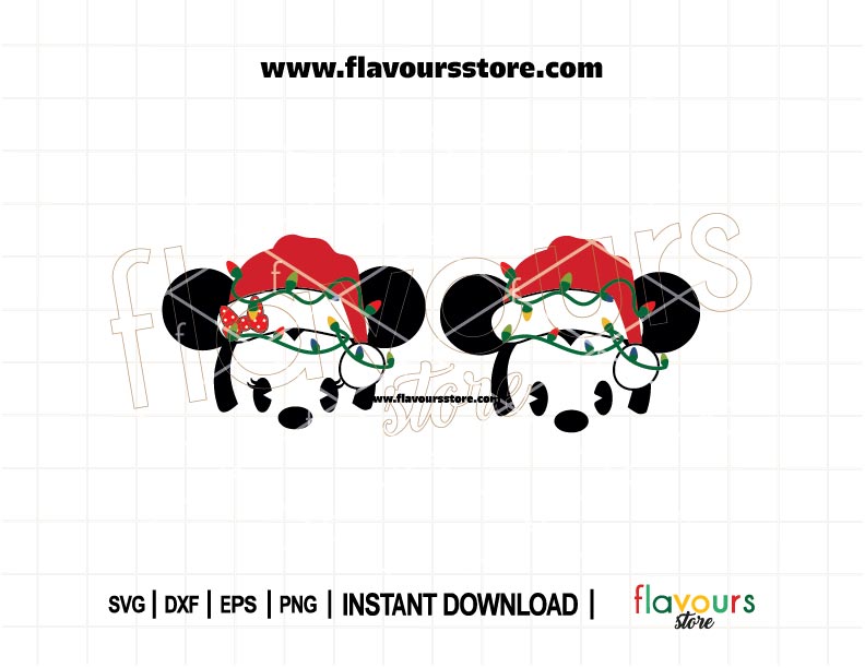 Baby Minnie and Mickey in Santa hats wrapped in colorful Christmas lights, perfect holiday SVG for Cricut and Silhouette projects