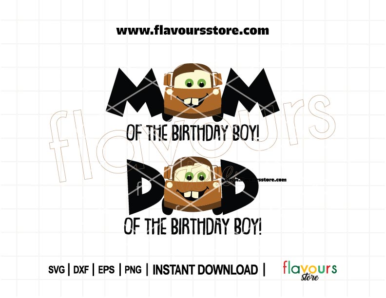 Mom and Dad of the Birthday Boy Tow Mater Cars SVG cut file for family birthday shirts or party decor, instant download digital design