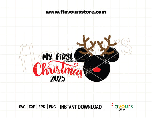 Disney baby SVG with Mickey reindeer ears and 'My First Christmas' text – perfect for Cricut holiday crafts and baby onesies