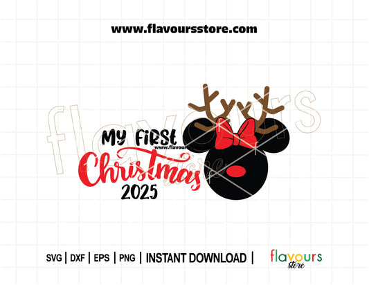 Disney baby girl SVG with Minnie reindeer ears and 'My First Christmas' text – perfect for Cricut holiday onesies and Christmas keepsakes