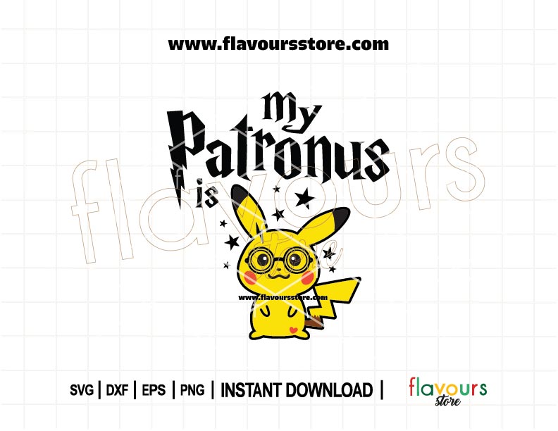 Cute yellow Pikachu with magical sparkles around, styled with wizard elements and text "My Patronus is Pikachu" in Harry Potter-inspired font, designed for cutting machines.