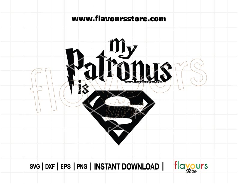 Digital design with bold Superman symbol combined with magical sparkles and the phrase "My Patronus is Superman" in Harry Potter-style font, ideal for Cricut and Silhouette users.