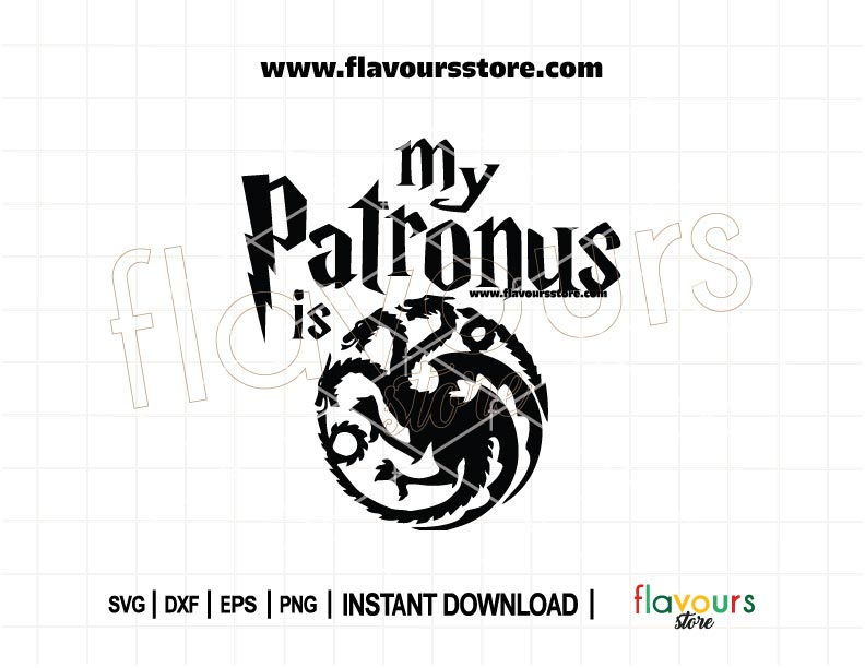Fantasy SVG design with Targaryen dragons flying around magical sparkles and text “My Patronus is Targaryen Dragons” in Harry Potter-style font, perfect for Cricut & Silhouette projects.