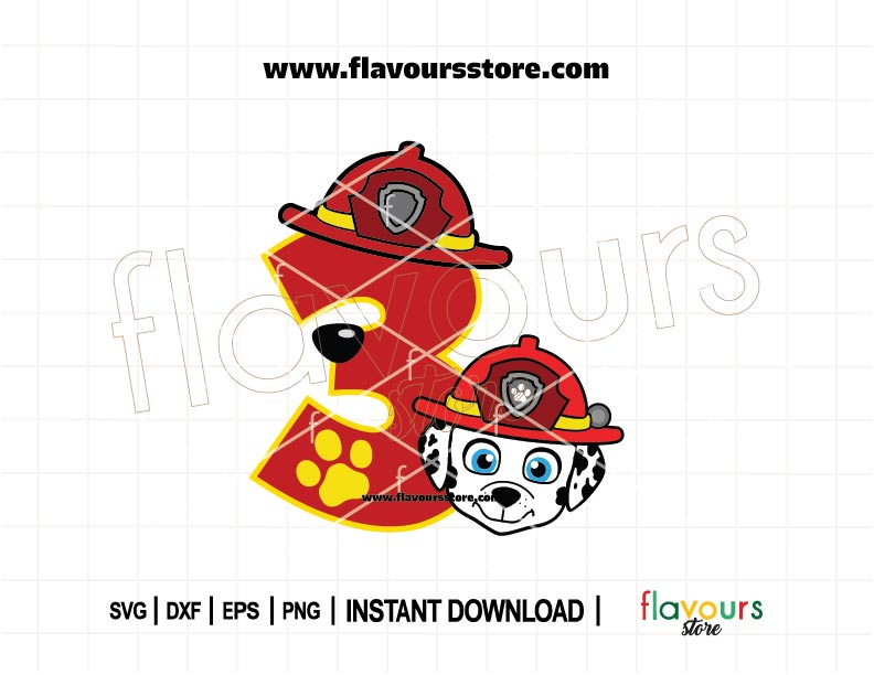 3rd Birthday Marshall Paw Patrol SVG – Number 3 birthday design with Marshall the pup – Ideal for creating birthday shirts, party favors, and Paw Patrol party decorations.