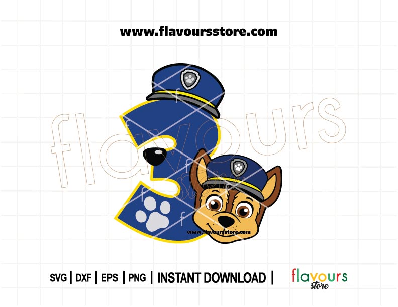 Number 3 Chase Paw Patrol SVG for 3rd birthday boy shirt, Cricut Silhouette cut file, instant download