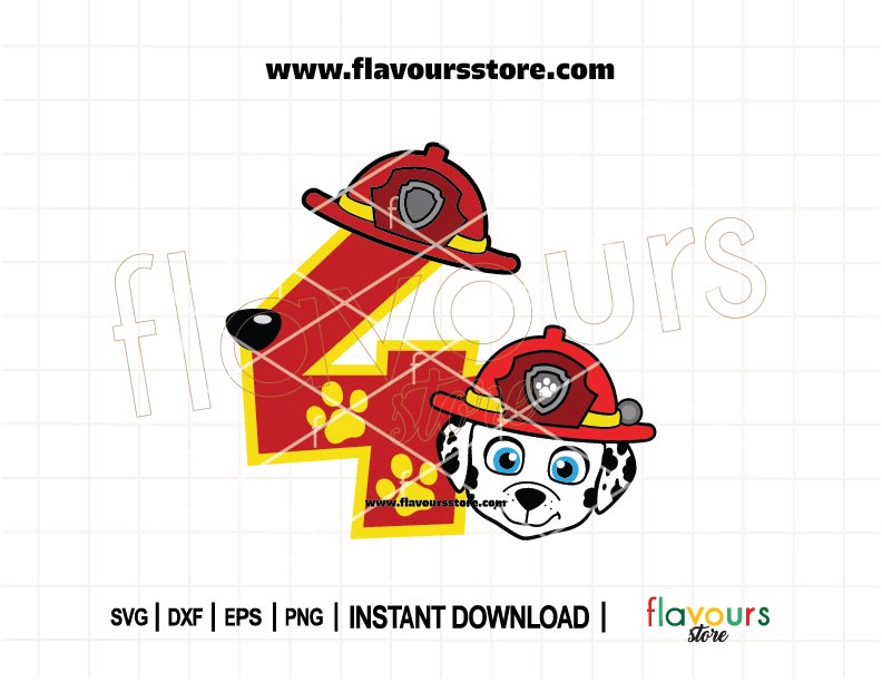4th Birthday Marshall Paw Patrol SVG – Number 4 birthday design with Marshall the pup – Ideal for birthday shirts, party favors, and Paw Patrol-themed party decorations.