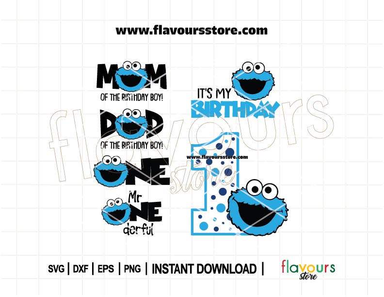 Cookie Monster 1st Birthday SVG bundle – cute Sesame Street designs for Cricut shirts, onesies, and party décor.