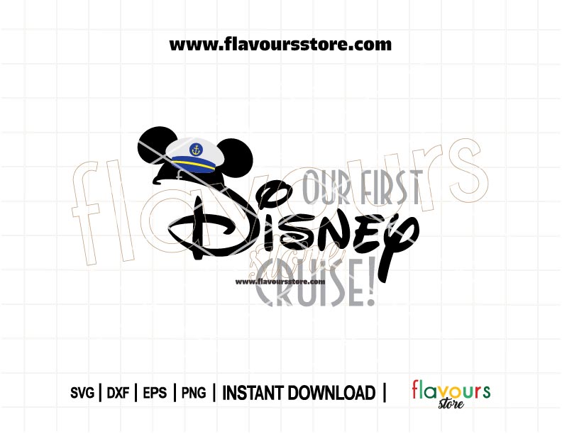 Mickey ears SVG design with “Our First Disney Trip” text for family vacation shirts and DIY Cricut crafts