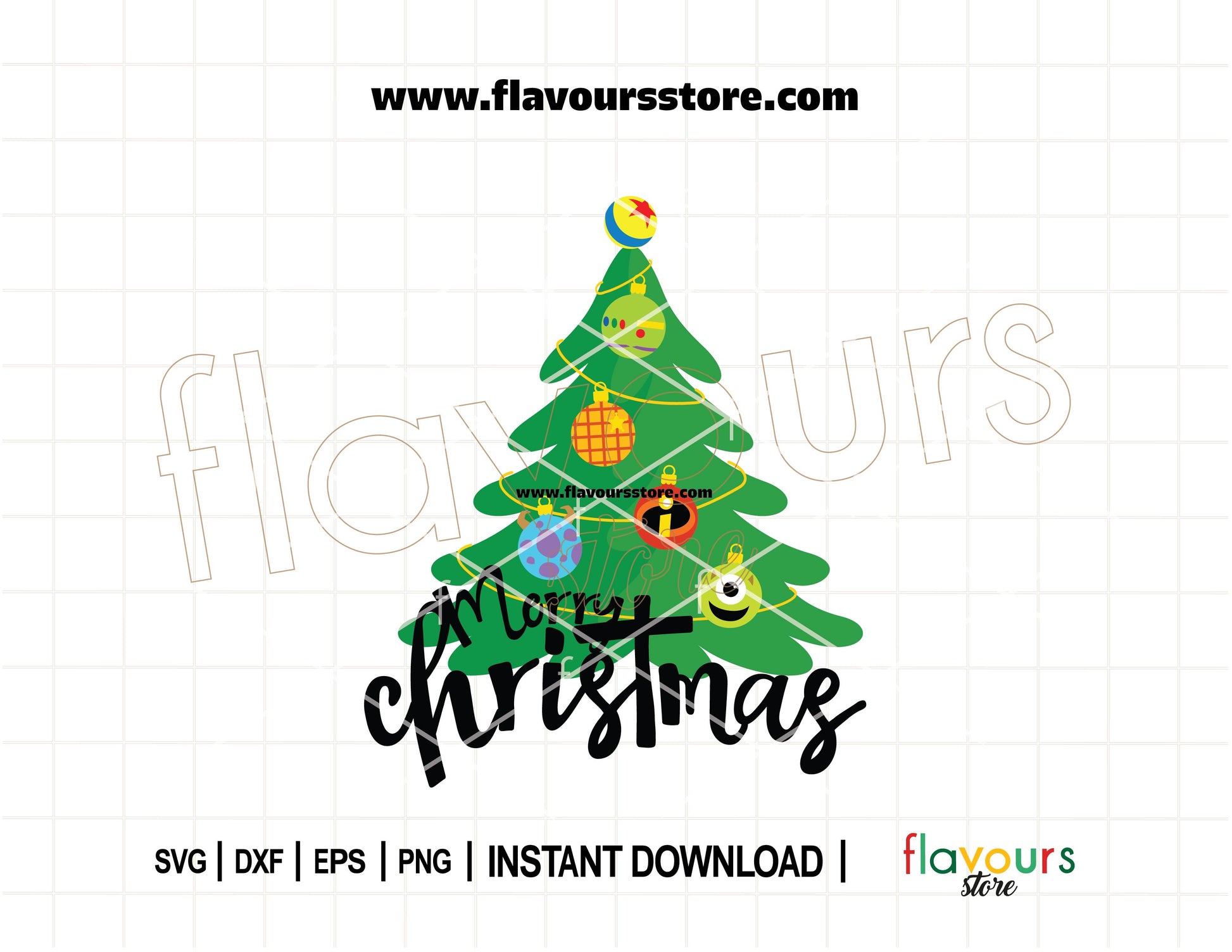 Pixar Christmas tree SVG cut file featuring Disney-inspired ornaments from Toy Story, Monsters Inc, and other Pixar movies, perfect for Cricut and Silhouette holiday crafts
