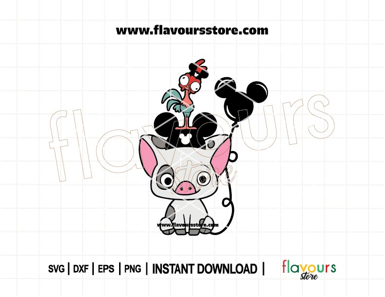 Cute Moana-inspired Pua SVG design with mouse ears, balloons, and a funny quote for Cricut and Silhouette crafts like t-shirts and mugs.